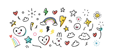 Cheerful doodle elements with hearts and stars lightning bolts