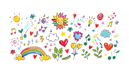 Cheerful doodle elements with rainbow and sun colorful