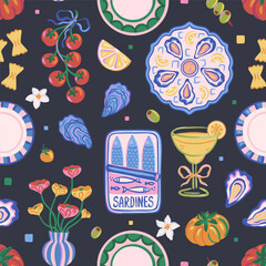 Seamless pattern of sardine tin, oysters, lemons, tomatoes, cocktail, olives, plates on dark background. Hand-drawn Mediterranean food and drink. Summer dining and seafood. Vector design