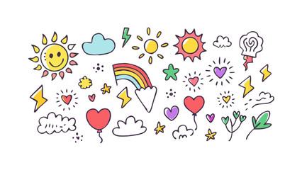 Cheerful doodle icons with sun rainbow and hearts vector