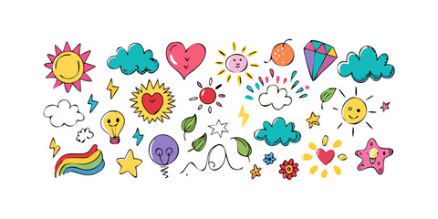 Cheerful doodle icons with suns hearts and clouds vector