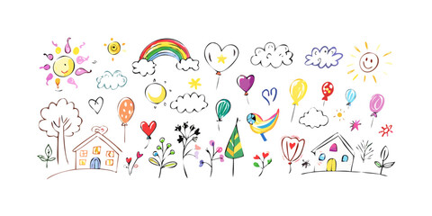 Cheerful doodle set with rainbow and houses clouds