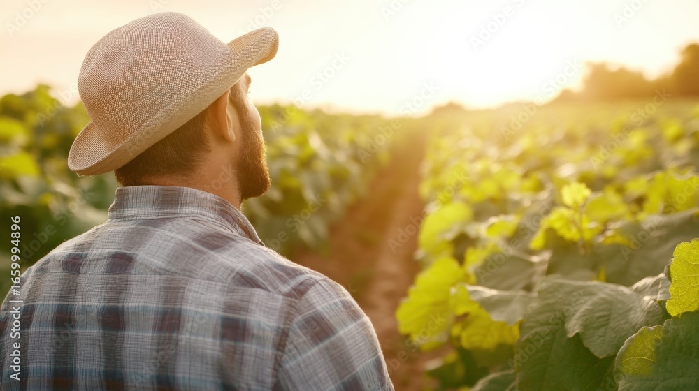 Poster man observing grapevines during sunset in a vineyard setting