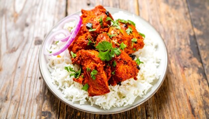 A plate of flavorful tandoori chicken atop a bed of fluffy white rice, garnished with fresh cilantro and sliced red onions, sits on a rustic wooden table.