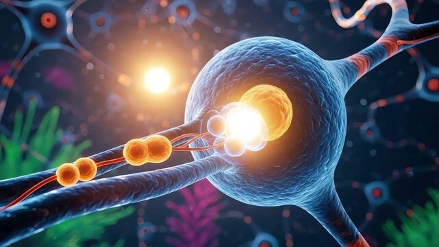 Detailed Close Up of a Neuron Structure in a Colorful Microscopic Environment