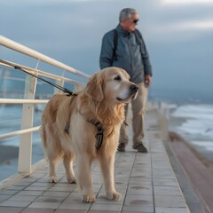 Golden retriever guide dog helping blind person walk safely on seaside promenade, loyal assistance pet