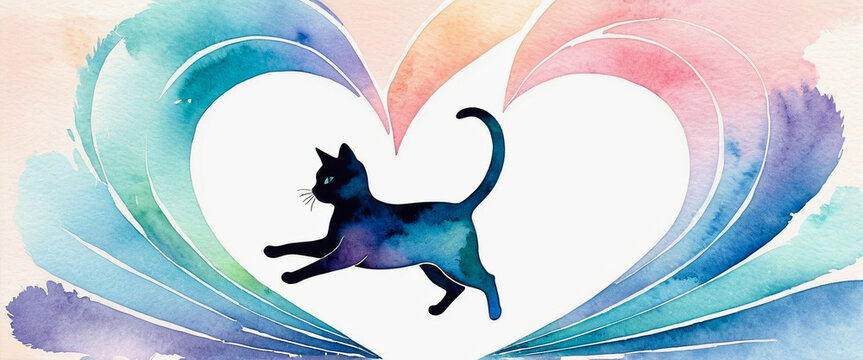 Black cat silhouette on watercolor rainbow heart background. Artistic black cat illustration with multicolor hearts. Watercolor black cat with vibrant heart motif. Stylish black cat on abstract rainbo