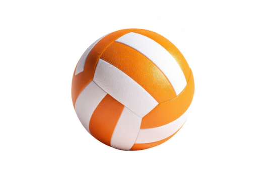 A vibrant orange and white volleyball isolated against a solid black background