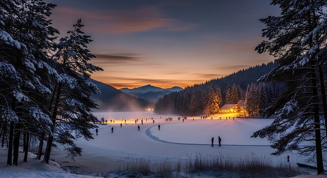 Enchanting winter scene: Ice skaters on frozen lake against a colorful sunset backdrop