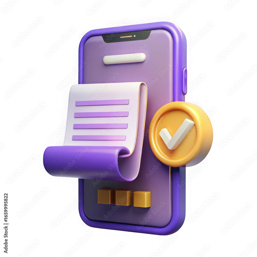 Poster 3d mobile payment confirmation with receipt isolated on transparent background