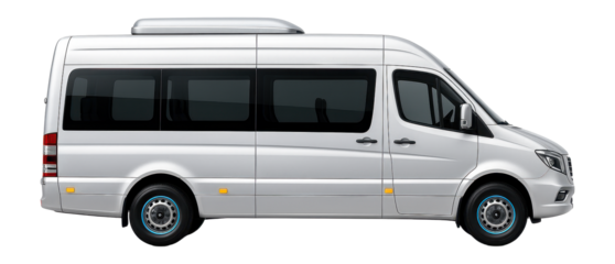 Compact airport transfer mini-bus with tinted windows and rooftop air conditioning unit
