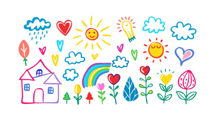 Colorful doodle elements with house and rainbow clouds
