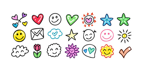 Colorful doodle icons hearts and smiley faces stars