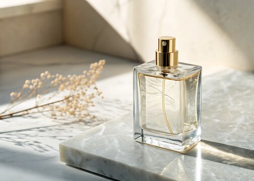 Glass spray bottle of luxury woman's perfume with liquid cosmetic fragrance isolated on a white background
