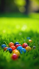 A handful of colorful marbles scattered on a lush green lawn, sunlight dappling the scene Perfect for games, childhood, nature, and spring themes , outdoor, dappled, shiny