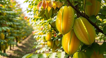 Ripe Star Fruit Growing in Orchard
