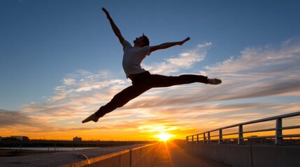 Shadow of a person dancing on a wall during sunset highlights expressive movement and joy in an urban setting