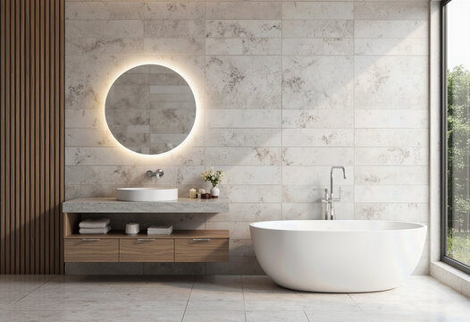 A luxurious and serene modern bathroom featuring a stunning backlit round mirror, a sleek floating vanity, and a freestanding tub for a chic, spa-like experience.
