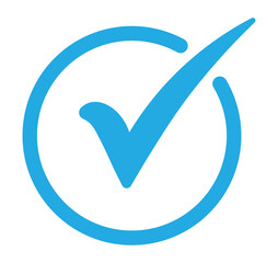 Light blue check mark with circular ring, flat PNG icon with transparent background for validation,...