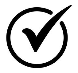 Black verification icon with bold check mark inside circular ring, flat PNG with transparent...