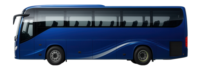 Tourist bus with a distinctive color scheme and large side-view windows