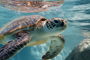 Close-up of a Sea Turtle swimming underwater. AI Generated 