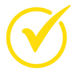 Yellow circular approval icon with check mark, flat PNG design with transparent background for...
