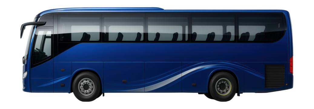 Tourist bus with a distinctive color scheme and large side-view windows