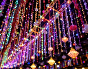 glittering streamers and hanging decorations reflect light producing sparkling effects that enhance festival mood and create vibrant colorful celebrations for attendees.