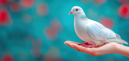 White dove bird hand blue background red bokeh peaceful gentle animal closeup minimalist design style. calm white dove perches gently human hand against blue background with red bokeh evoking