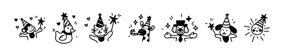 Set of cute line doodle kid animals. Birthday party design elements, funny characters. Crayon childish drawing. Dog, cat, giraffe, duck, monkey, clown, sun in party hat. Primary school, kindergarten