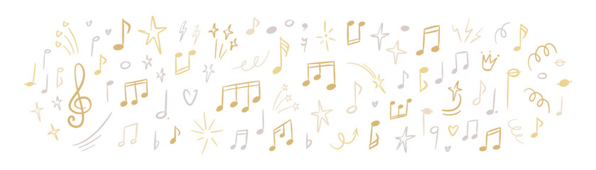 Merry Christmas and Happy New Year music festival golden and silver background. Xmas carol melody. Luxury celebration hand drawn doodle background. Musical notes, keys, symbols, clef © Kseniia