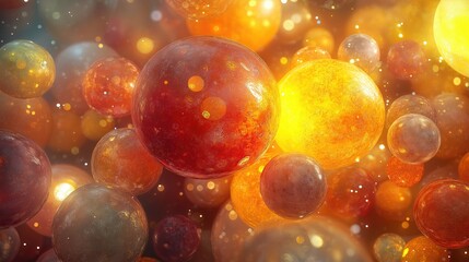 A cluster of spherical forms with varying textures and shades of orange, yellow, and red, interspersed with glowing highlights, creating a futuristic abstract scene.