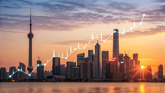 Skyline Graph Growth: Modern cityscape silhouette with glowing arrow indicating upward direction towards financial success at sunrise.
