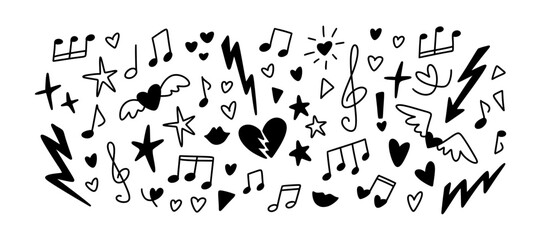 Punk rock music hand drawn doodle background. Marker drawing, fun quirky stickers, tattoo, crayon scribbles design elements. Grunge vector illustration. Note, heart, star, lightning stickers and icons