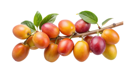 Close up of fresh plums growing on a branch, isolated on white