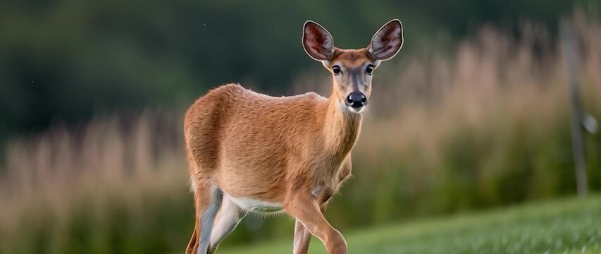 Anamorphic video baby deer, standing on a lush green lawn.