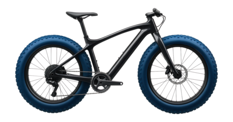 Fat bike with a carbon fiber frame and extra-wide blue tires