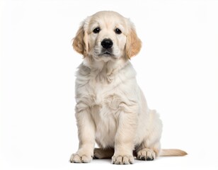 Golden Retriever Puppy Sitting and Looking Forward on White Background