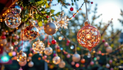 glittering ornaments hanging from ceilings and trees emit sparkling reflections creating enchanting festival ambiance filled with joy and magical energy.