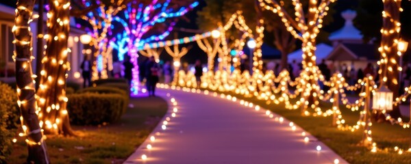 sparkling decorative lights on pathways create radiant reflections enhancing vibrant festival energy and joyful celebratory ambiance for participants.