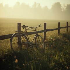 Old Bicycle Resting Against Rustic Wooden Fence in Foggy Countryside