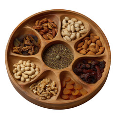 Fototapeta premium A circular wooden platter divided into eight sections, each containing different types of nuts and dried fruits