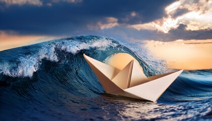 a miniature paper boat crafted from fragile paper valiantly navigates the turbulent waters of a raging sea its fate hanging precariously in the balance of the storm