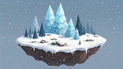 Winter Island Landscape with Snow Covered Trees, Floating Landmass, and Gentle Snowfall Artwork Illustration.
