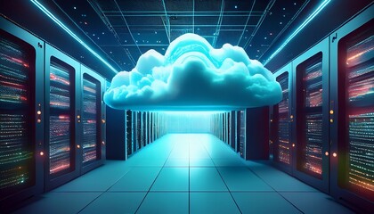 cloud computing with a massive real cloud floating in data center server room modern digital storage solutions
