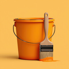 Orange paint bucket and brush creating vibrant design on solid background