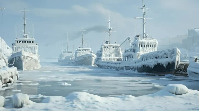 Frozen ships in a winter harbor