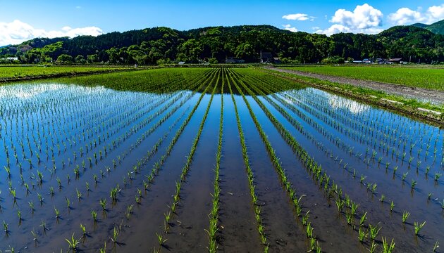 A serene paddy field, with rows of young rice sprouts reflecting the clear blue sky, stretches across the landscape.