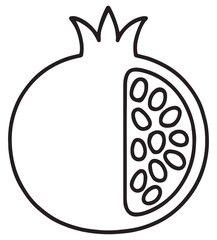 A minimalist black and white line drawing of a whole pomegranate with one half revealing its seed-filled interior.